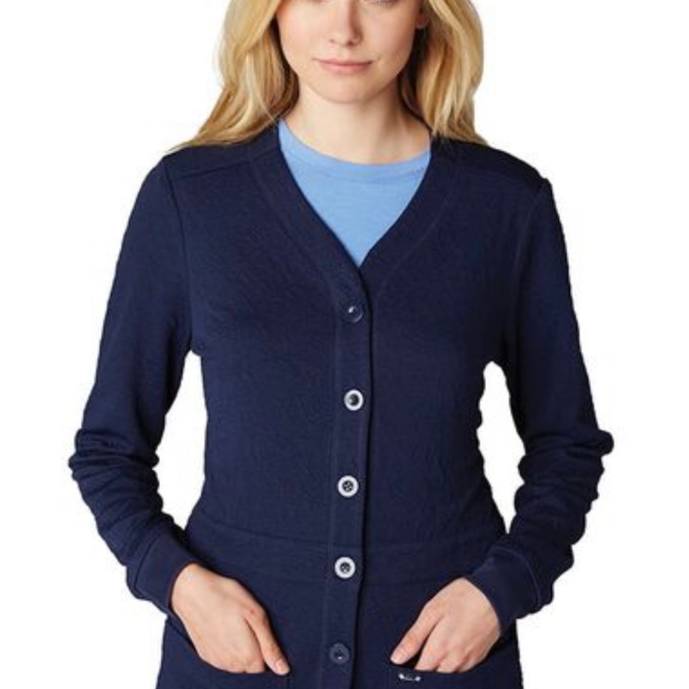 koi Lite Women's Claire Button Front Solid Cardigan Scrub Jacket Navy Blue XXS